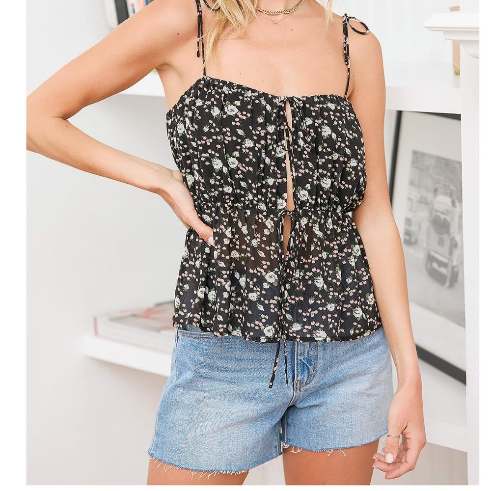Lulu's Bloom Me Away Black Floral Print Tie-Strap Tank Top Size Small